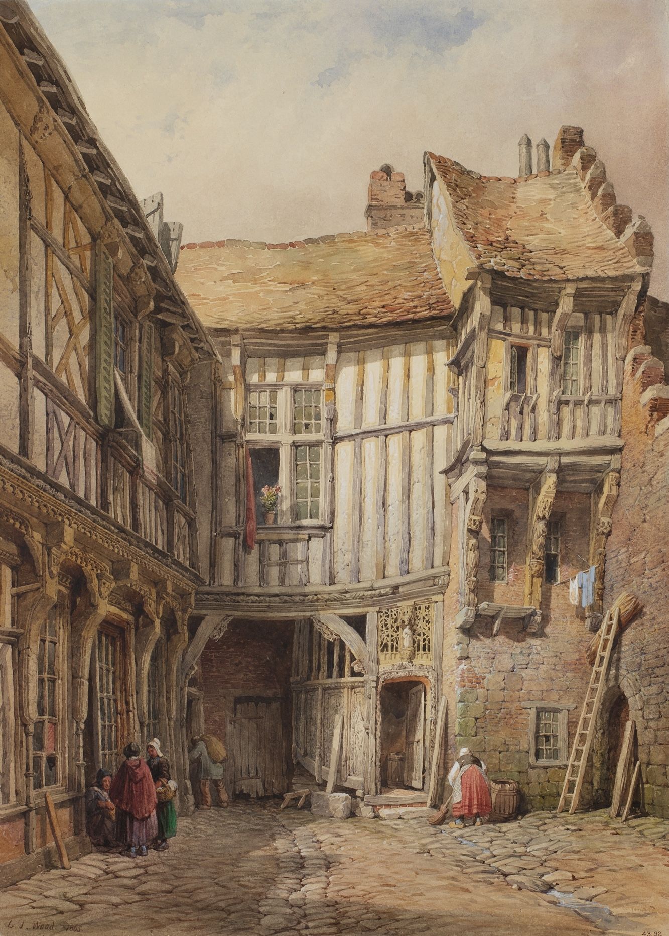 Painting of a courtyard of a house in France with wood and plaster walls and a cobblestone ground
