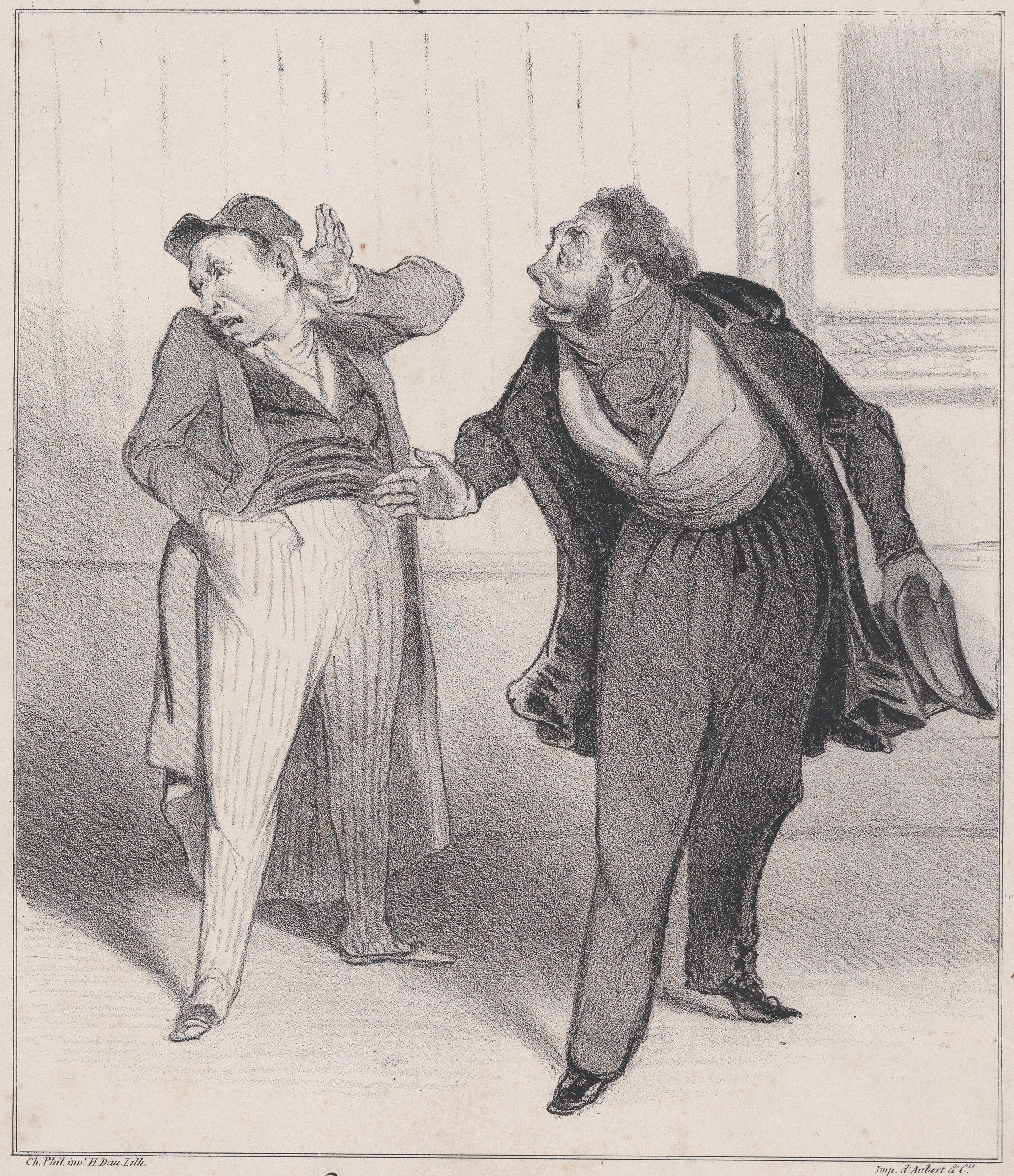 A salesman with truly impressive mutton chops wearing a dark coat is pitching another man on the sidewalk who does not seem particularly interested.
