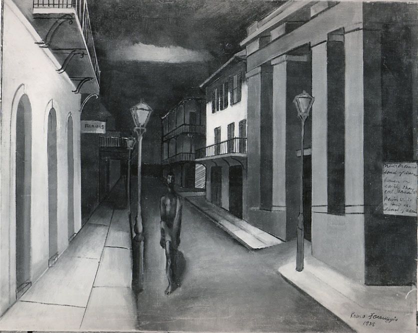 A black and white painting of a street at night. The buildings are close, many have balconies on the second floor. A black man with short hair and a beard is walking towards the viewer; the street is otherwise deserted.
