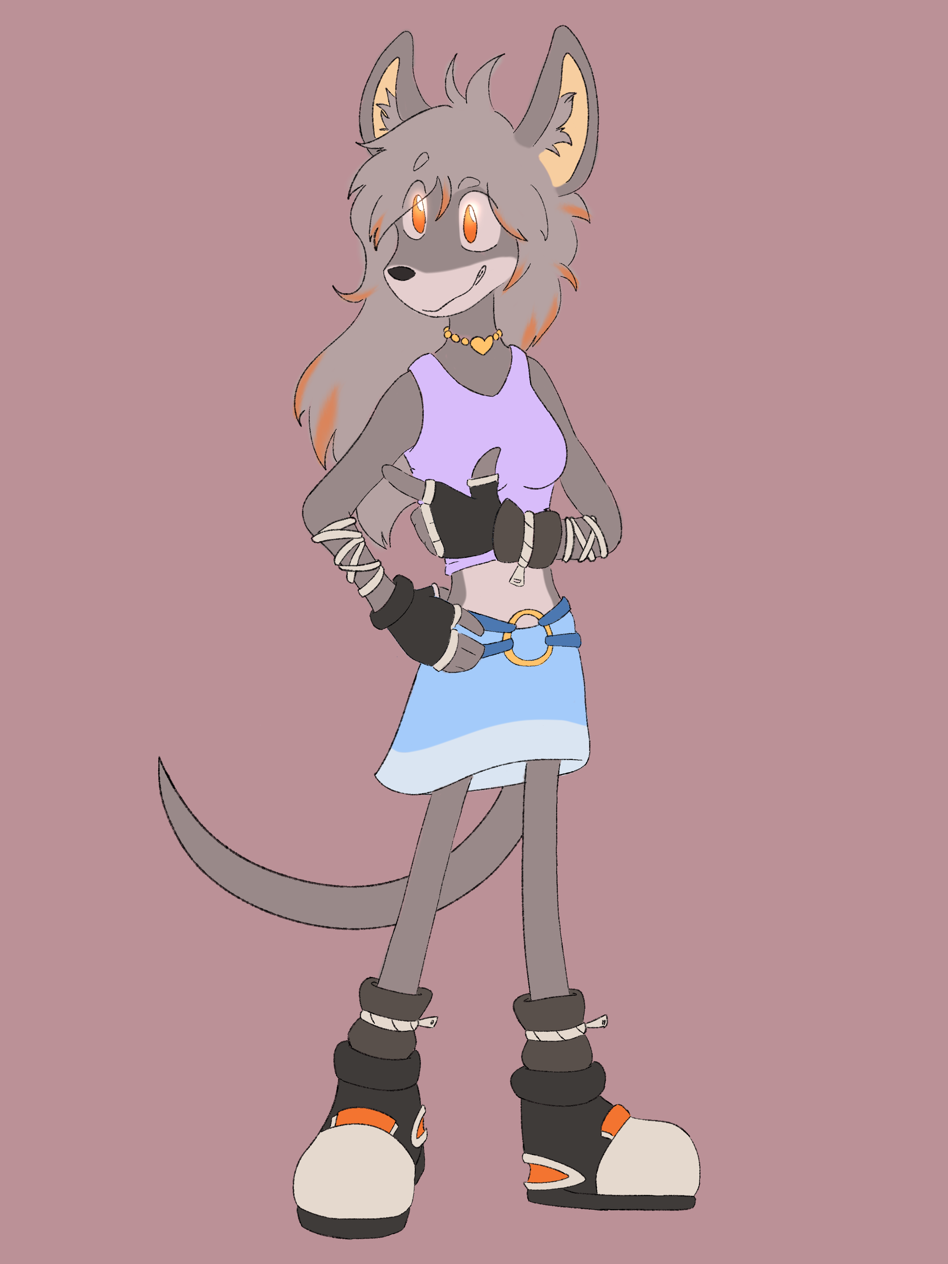Illustration of Terra, an anthropormorphic mouse with grey fur and hair, glowing orange irises, wearing a pink tank top and a blue skirt.