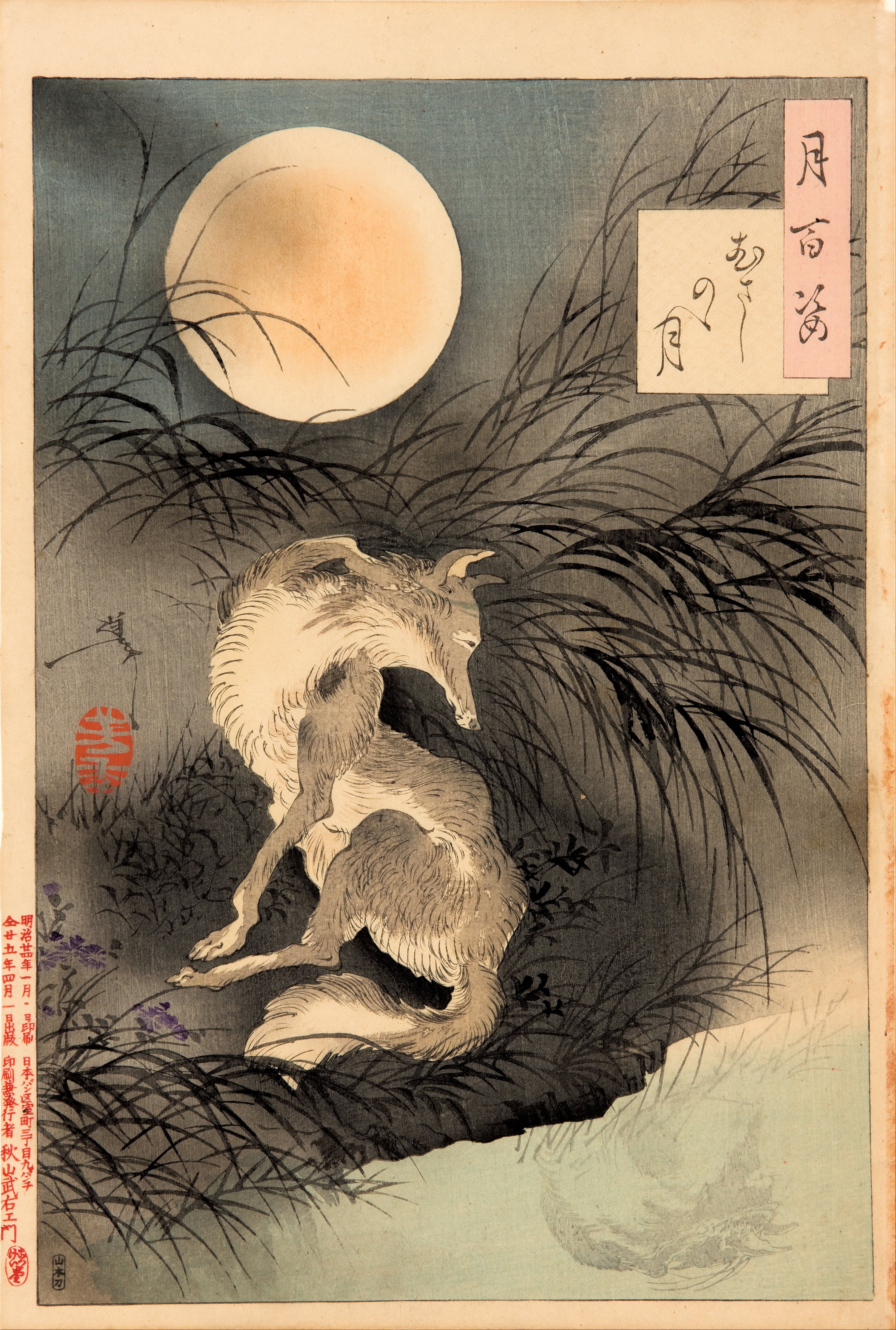 Illustration of a fox jumping and twisting in mid-air underneath the moon