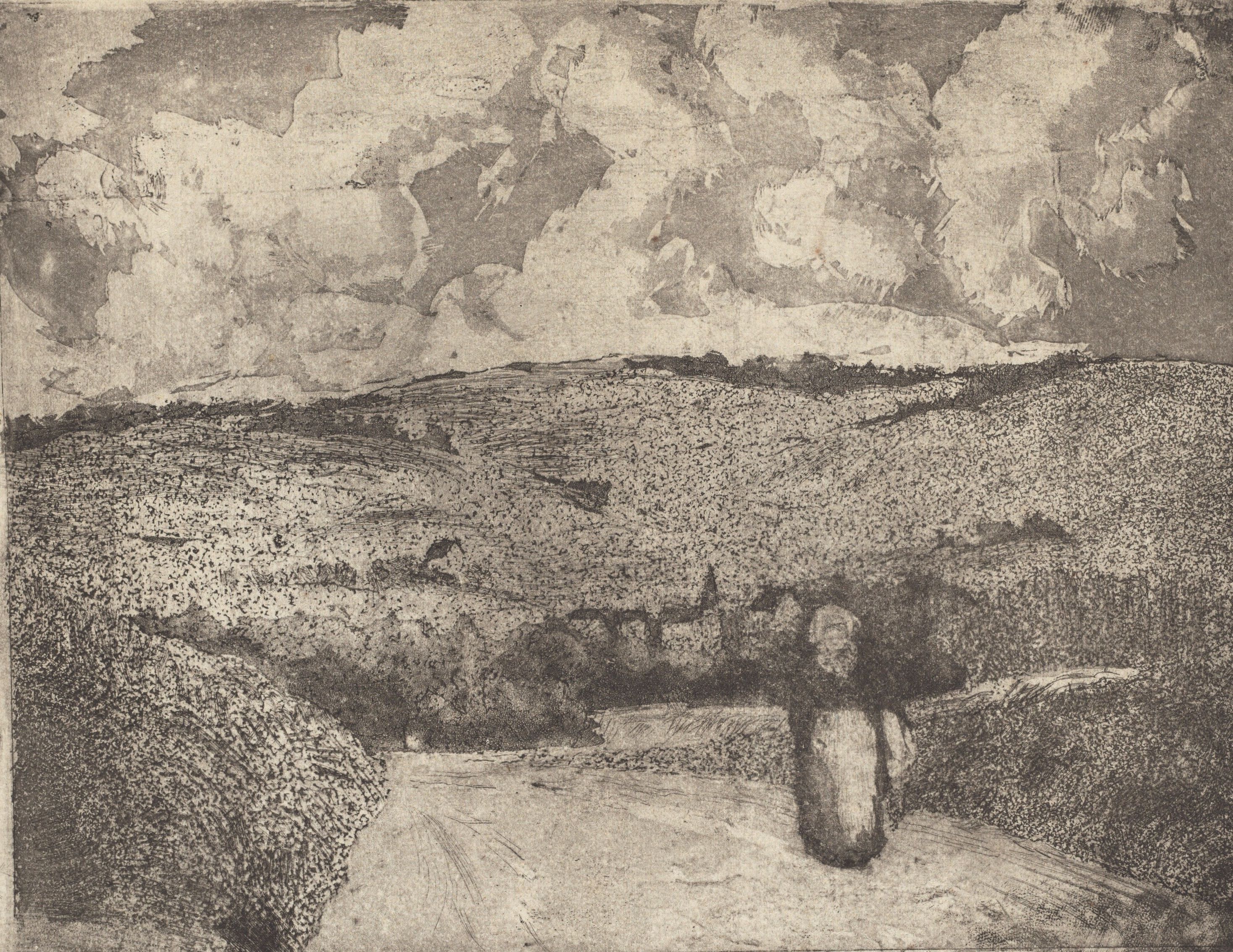 Monochrome watercolor-like drawing of a country road with a single figure walking along.
