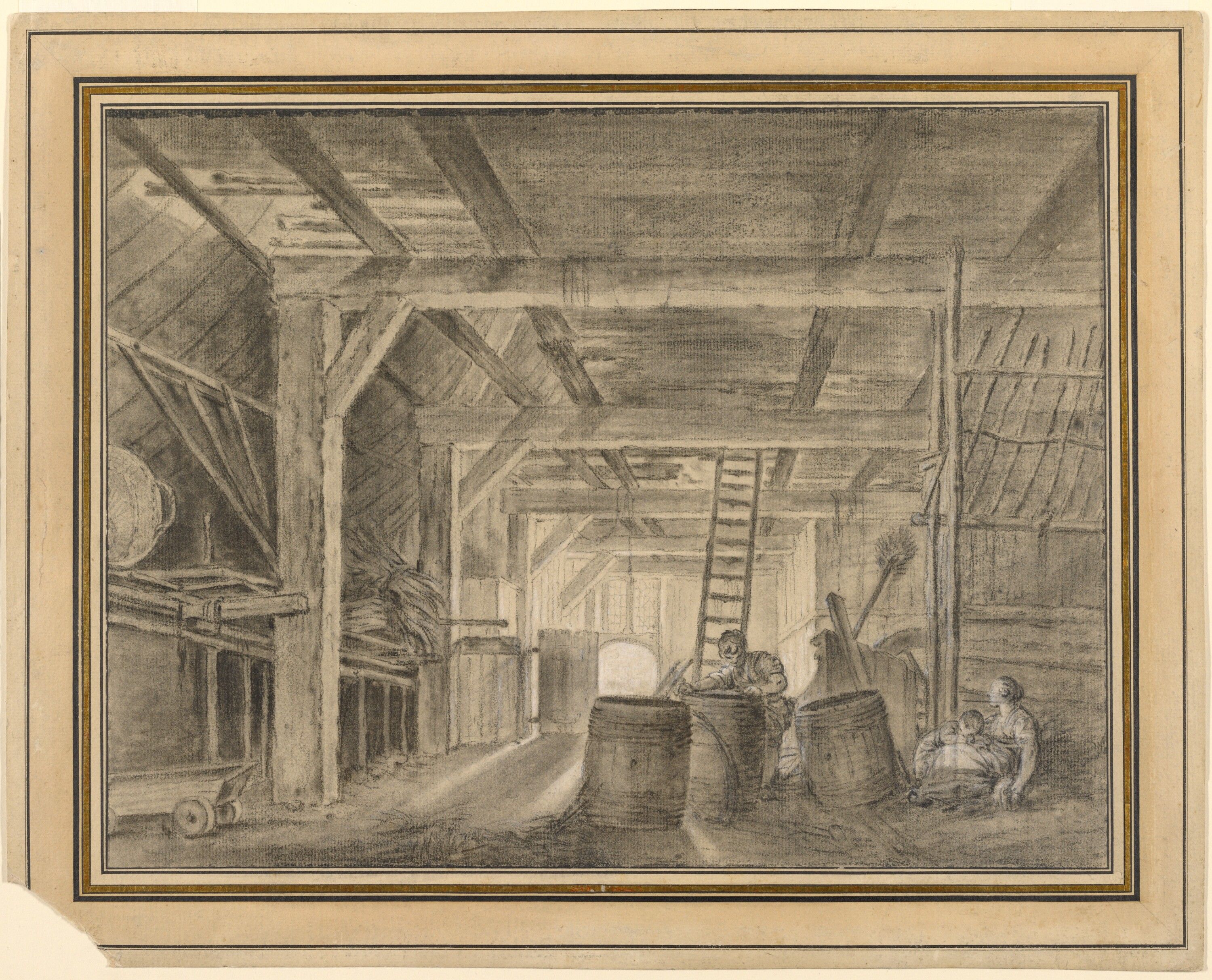 Pencil illustration of the inside of a barn. Hay is overflowing from a stall on the left, and a cooper is working on a barrel in the foreground.