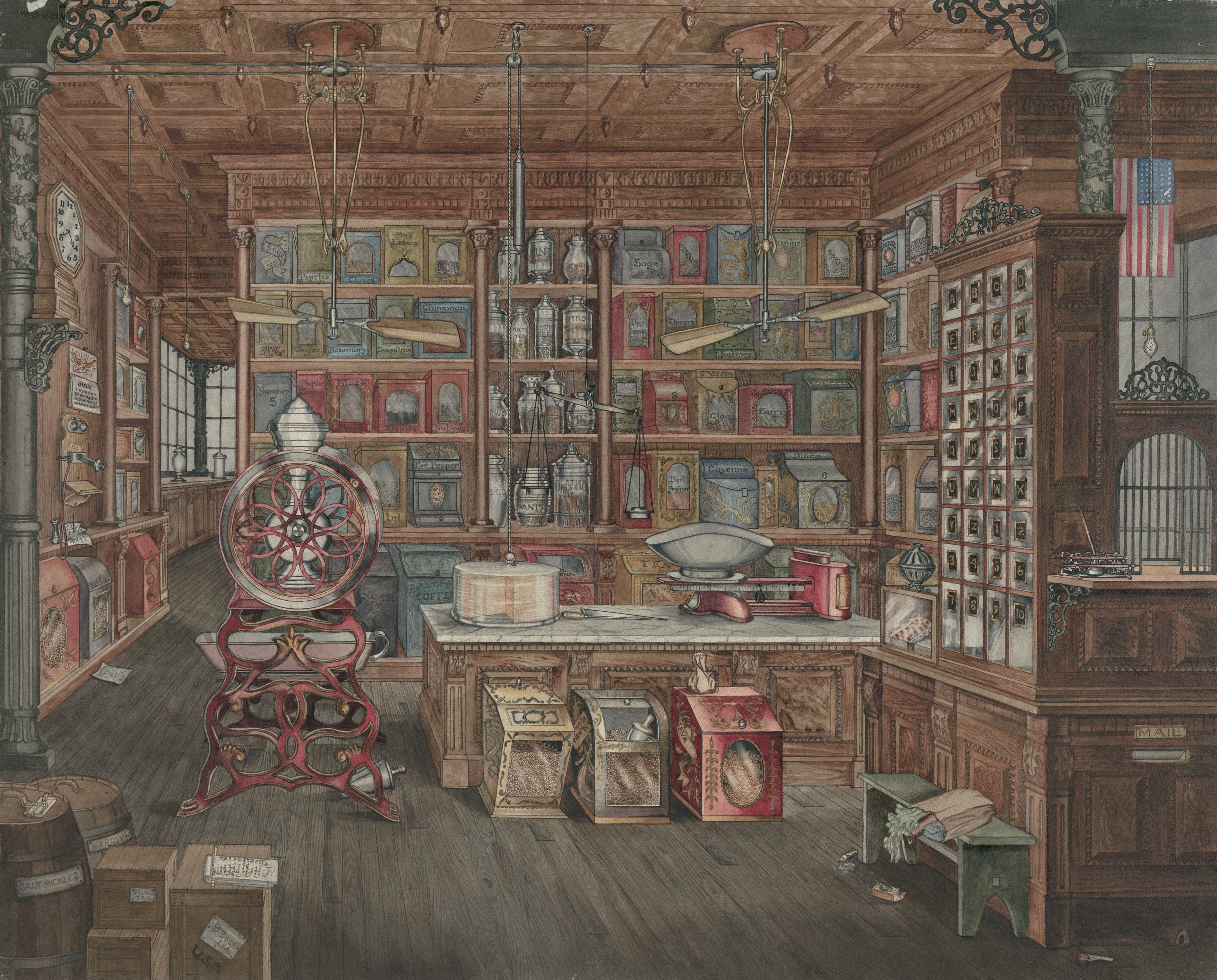 The interior of an old-fashioned general store with wooden shelves stocked with various tins and containers.
