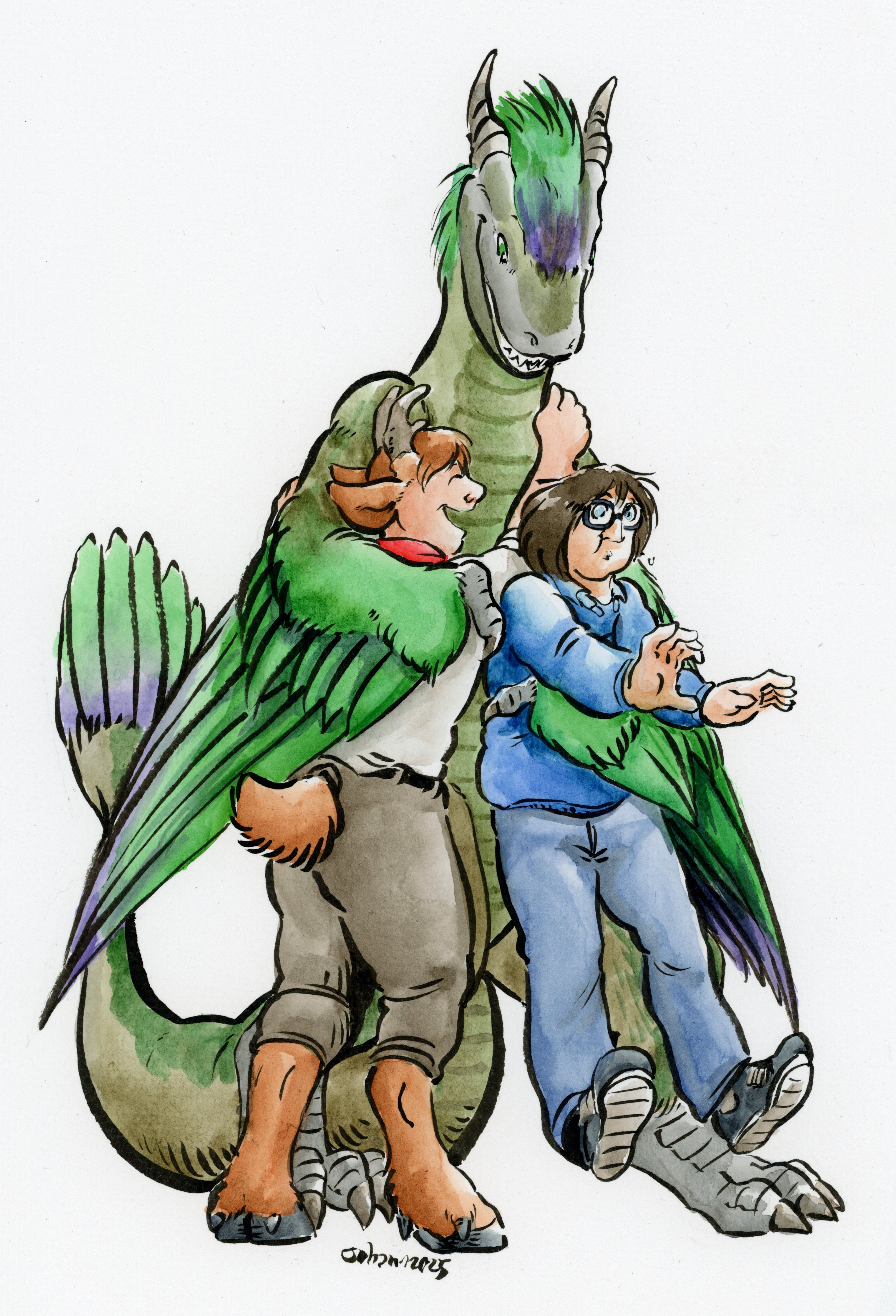 Illustration of Red, Green, and Blue. Green the wyvern has their feathered wing-arms around Red and Blue. Red the faun is hugging back and smiling. Blue the human looks to have the wind knocked out of them by the force of the hug.