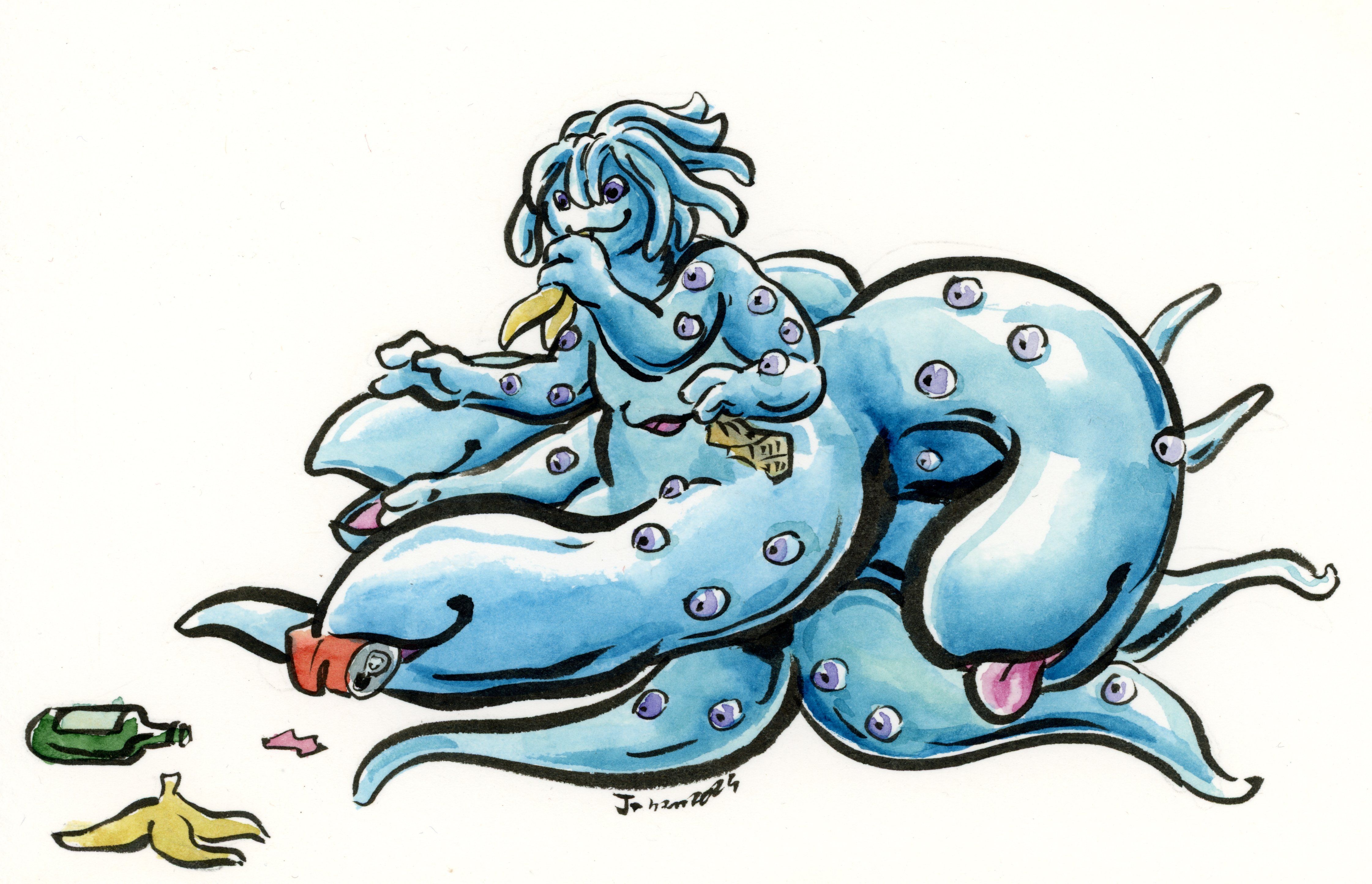 Wonder, an eldritch creature that looks like a blue slime person. Has tentacles for legs, three larger tentacles with mouths at his waist, a mouth on his stomach, four arms, and tentacles for hair. He has two purple eyes on his face and is covered with purple eyes otherwise. He is eating a bananna peel and holding a candy wrapper; one of his tentacle-mouths is eating a soda can.